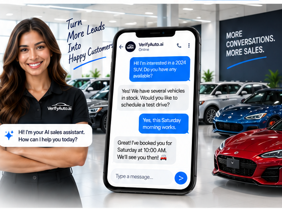 VerifyAuto.ai AI sales assistant texting with a customer on a smartphone, with a dealership representative standing in front of a showroom full of vehicles