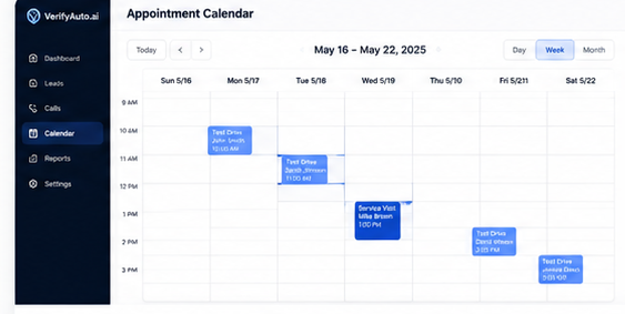 VerifyAuto.ai Appointment Calendar — booked test drives and service visits