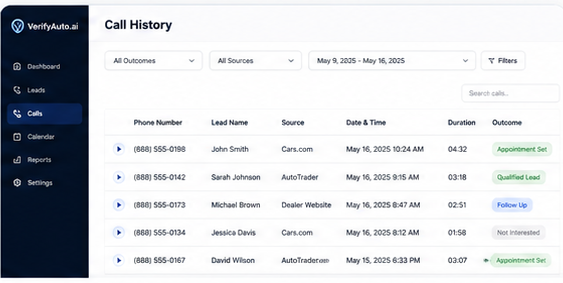 VerifyAuto.ai Call History — call outcomes, summaries and recordings